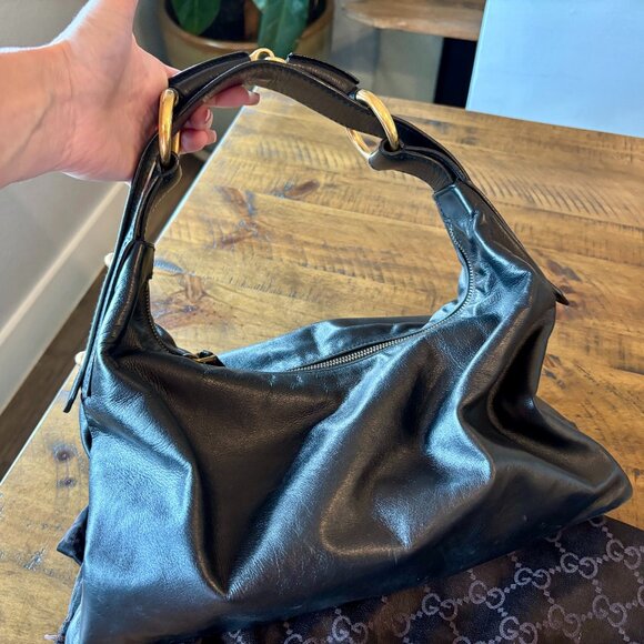 Vintage GUCCI Black Leather Medium Horsebit Hobo Shoulder Bag - Picture 3 of 8